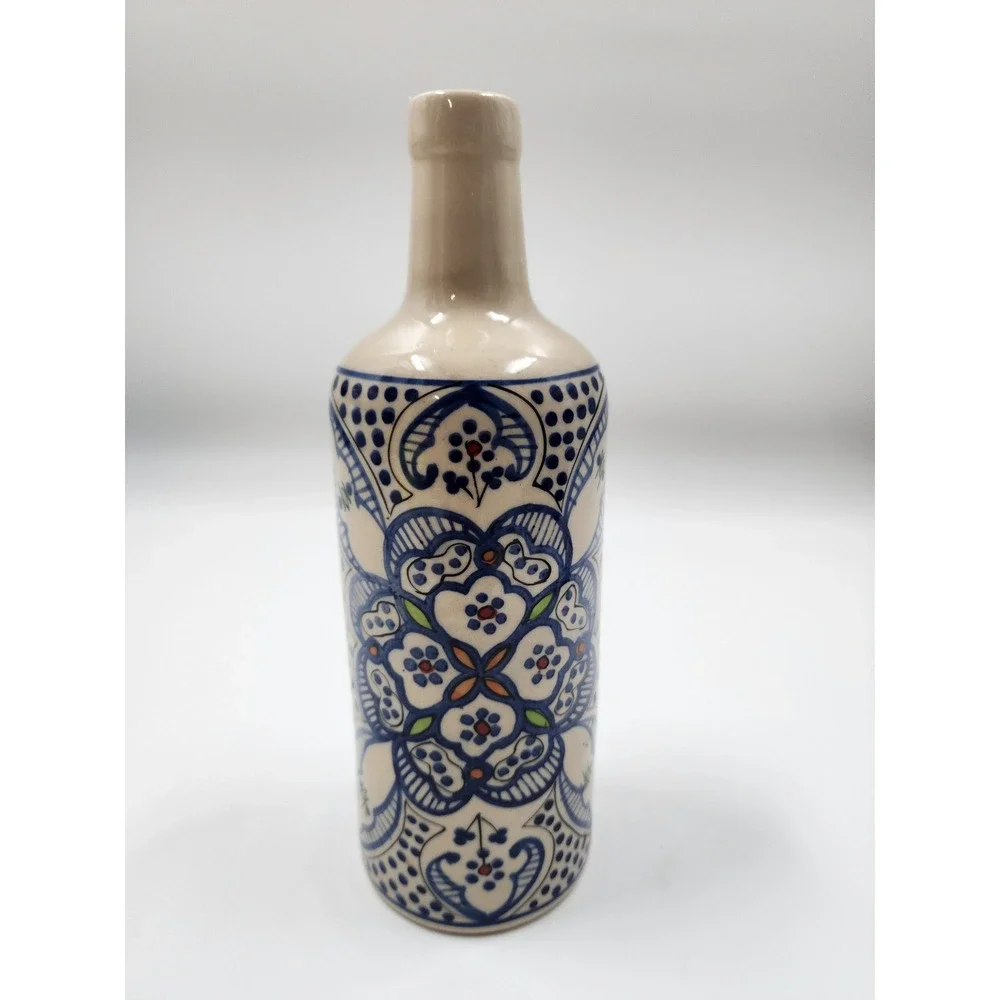 Vintage Safi Moroccan Hand Painted Ceramic BottleVase Blue Floral Pottery 8.25in